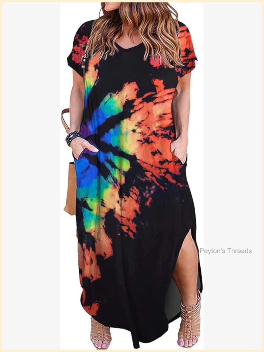 Plus Size Maxi Dress Short Sleeve V-Neck Side Slit Pockets